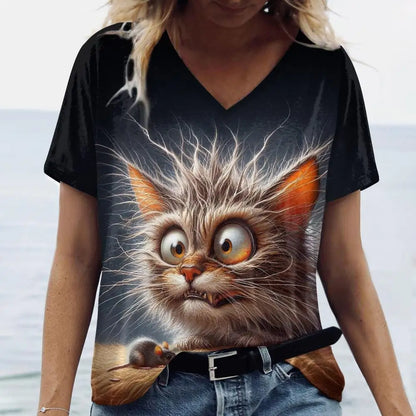 teen and young mom lovely cat T. shirt Cat Print Casual Short Sleeve Crew Neck  Female Oversized Clothing