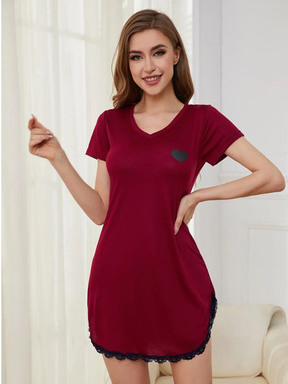 Women's Summer Sleepwear: A V-neck nightdress featuring a lace hem and short sleeves.