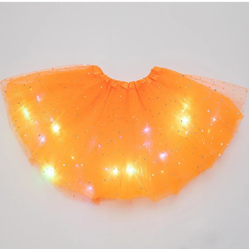 LED Glowing Light Girls Tulle Star Short Tutu Skirt Children Fancy Ballet Dancewear Party Costume Ball Gown Mini Skirt