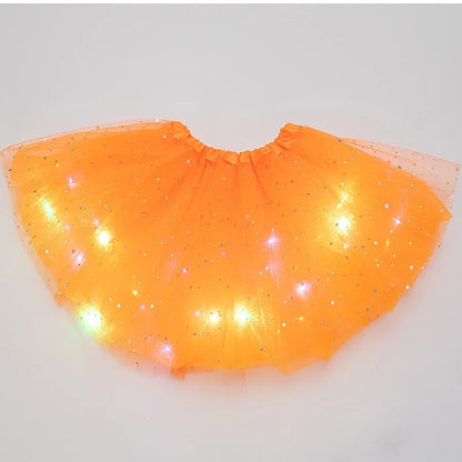 LED Glowing Light Girls Tulle Star Short Tutu Skirt Children Fancy Ballet Dancewear Party Costume Ball Gown Mini Skirt