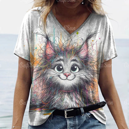 teen and young mom lovely cat T. shirt Cat Print Casual Short Sleeve Crew Neck  Female Oversized Clothing