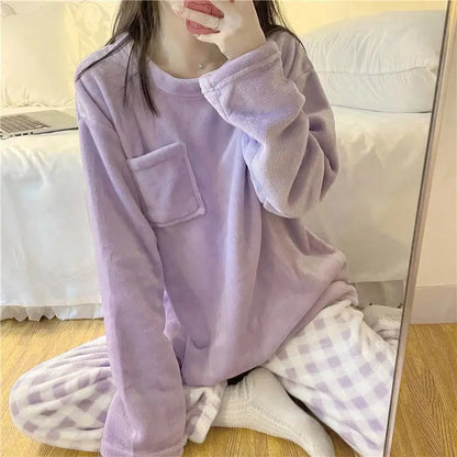 Fleece Thick Warm Women's Pajamas Set Winter Sleepwear