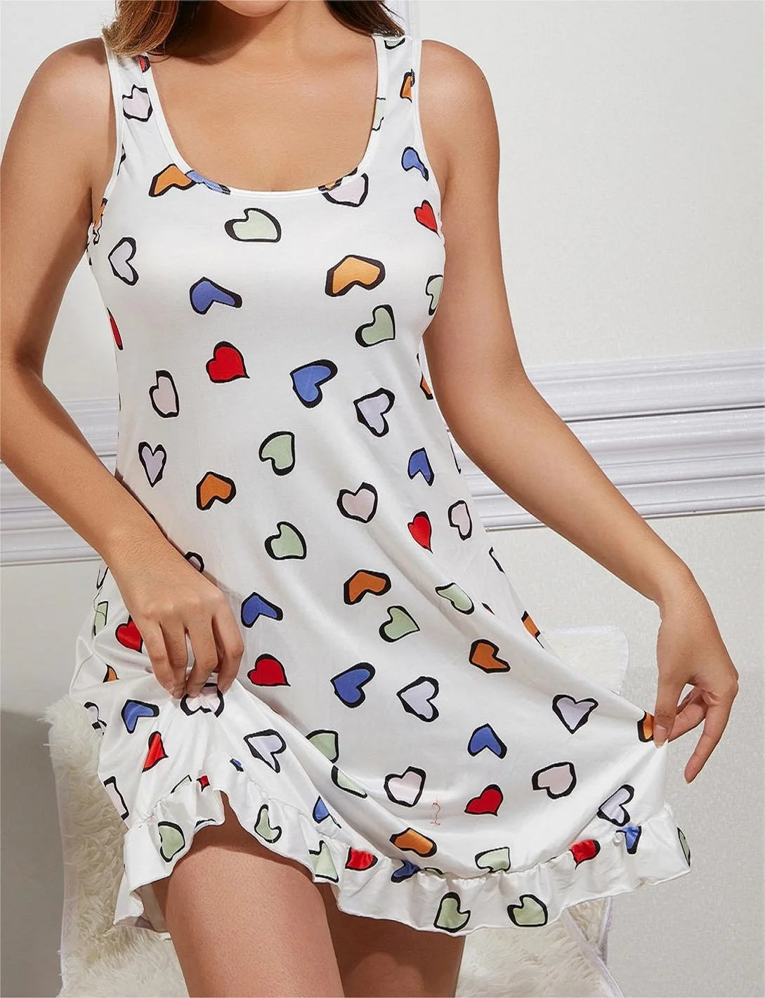 Heart Print Slip Nightdress with Lettuce Trim and Round Neckline