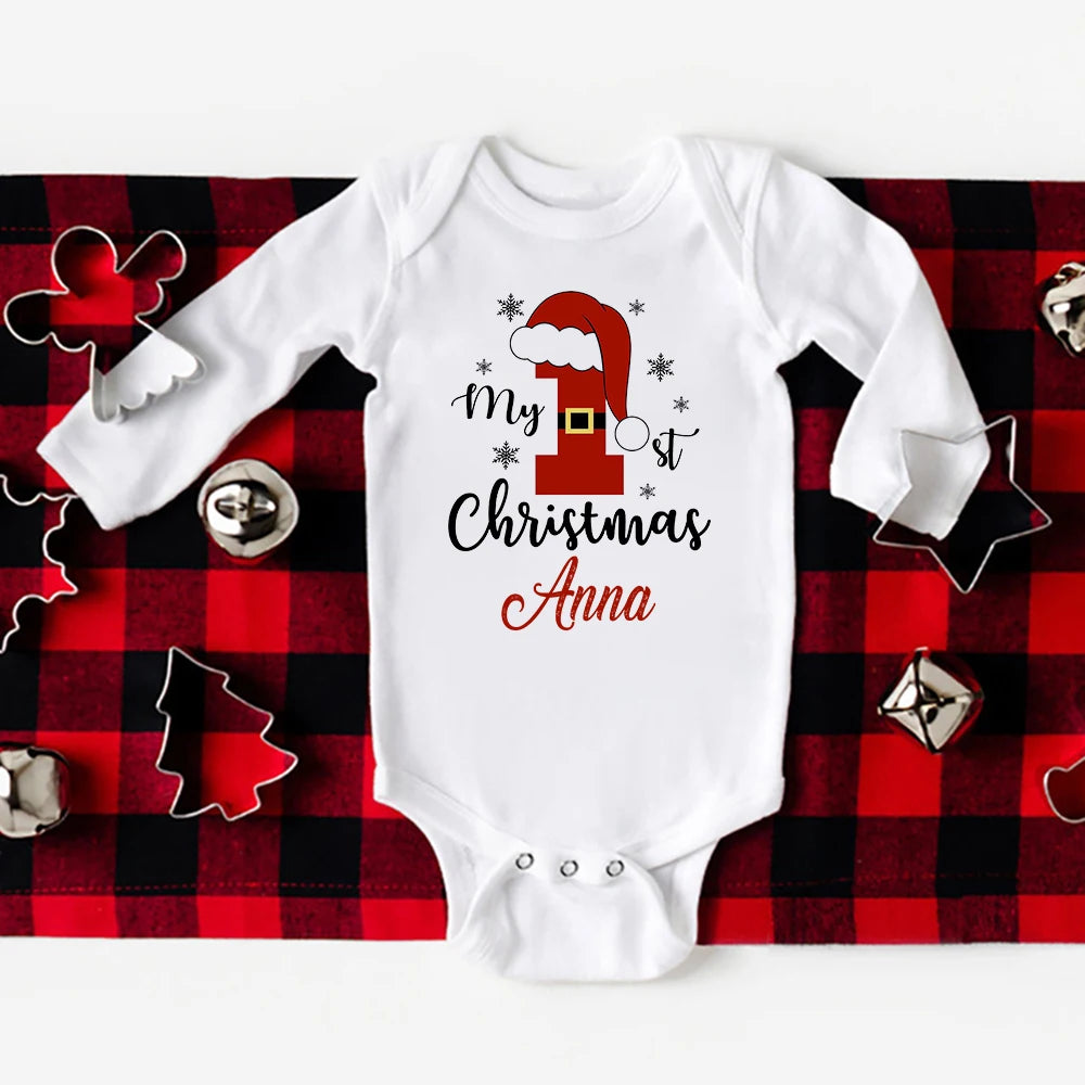 Personalized Baby's First Christmas Bodysuits, Custom Name Newborn Jumpsuit for Boys and Girls, Long Sleeve Xmas Party Clothes for Infants