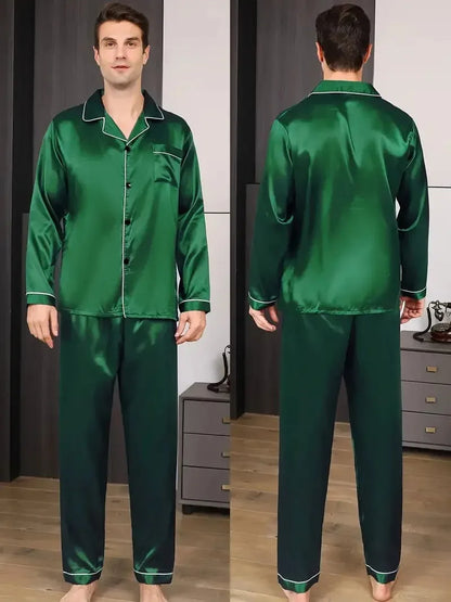 Men Fashion Pajamas Set Silk Satin Nightwear Big Size Spring Sleepwear .