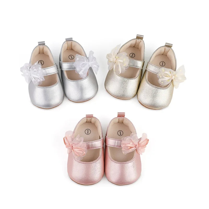 Princess  Baby Girls Shoes Shine Surface Dot Print Mesh Bowknot Flats Non-Slippery Wedding & formal party shoes 0-18 months