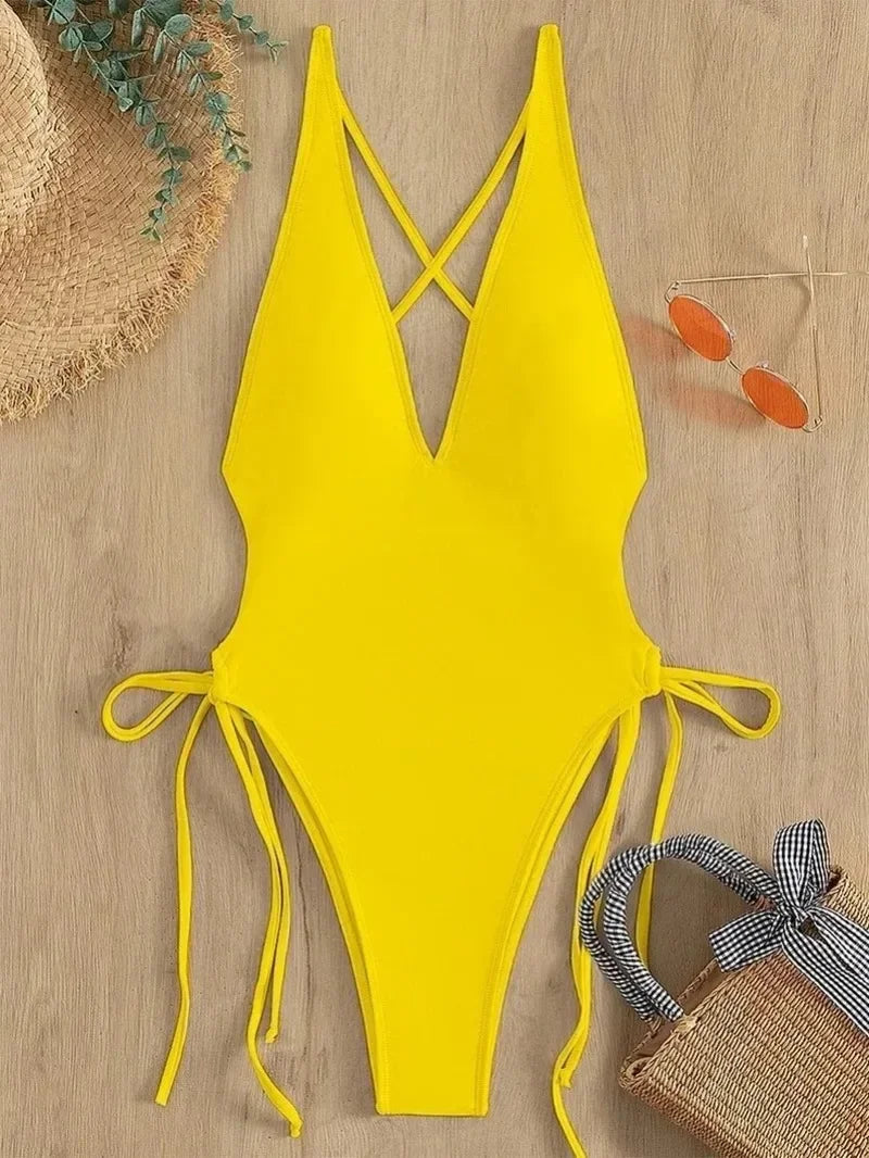 Fashion Swimwear Pool &  Beach Bandage Bathing Deep V Neck One Piece Women Swimsuit