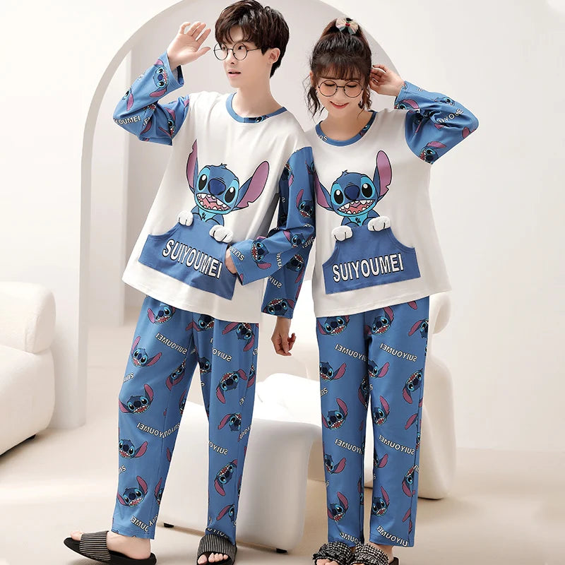 Cartoon Disney couple pajamas men's/women's pure cotton Stitch autumn two-piece set Stitch women and man pajamas home wear