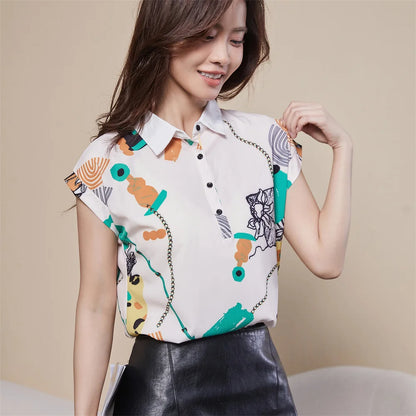 Chiffon Blouses for Spring & Summer Style Short Sleeve Turn-down Collar Printed