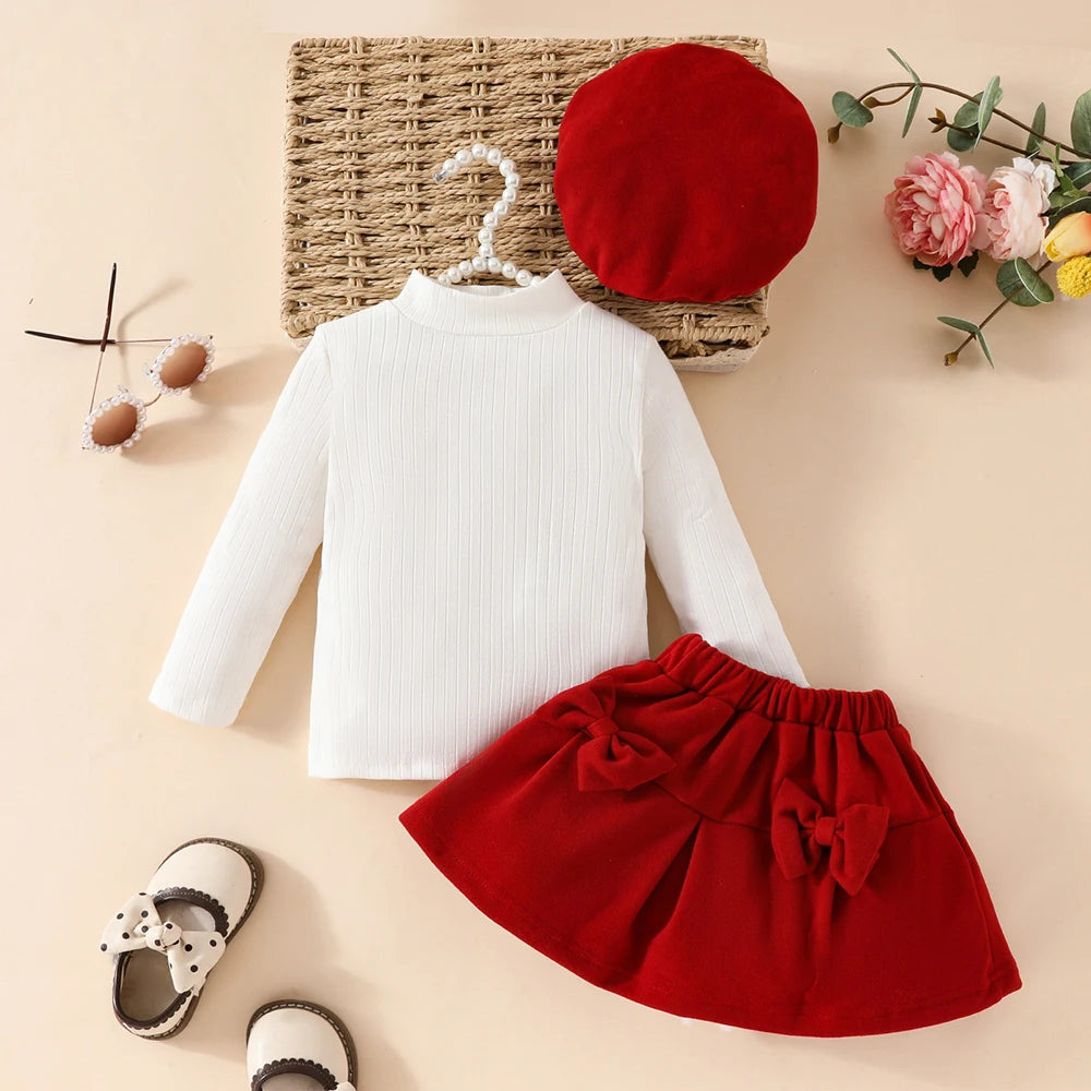 Baby Girls' New Year 2025 Clothing Set for 0-3 Years: Includes a Long-Sleeve Top with a Large Bow, an Irregular Skirt, and a Beret - 3-Piece Toddler Christmas Outfit.