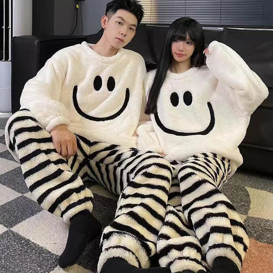 couple Smile Fluffy Flannel Couples Pajamas Set Women Christmas PJ Warm Furry Homewear