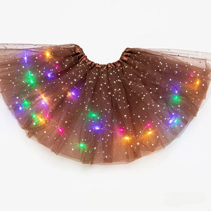 LED Glowing Light Girls Tulle Star Short Tutu Skirt Children Fancy Ballet Dancewear Party Costume Ball Gown Mini Skirt