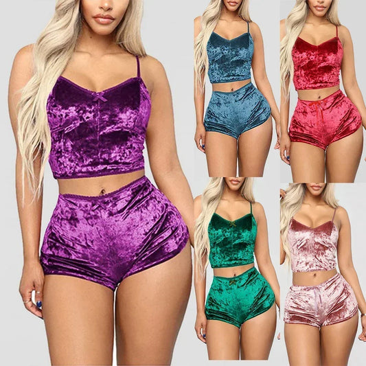 Women's Velvet Polyester Comfortable V-neck Underwear Set camisole + shorts Pajamas