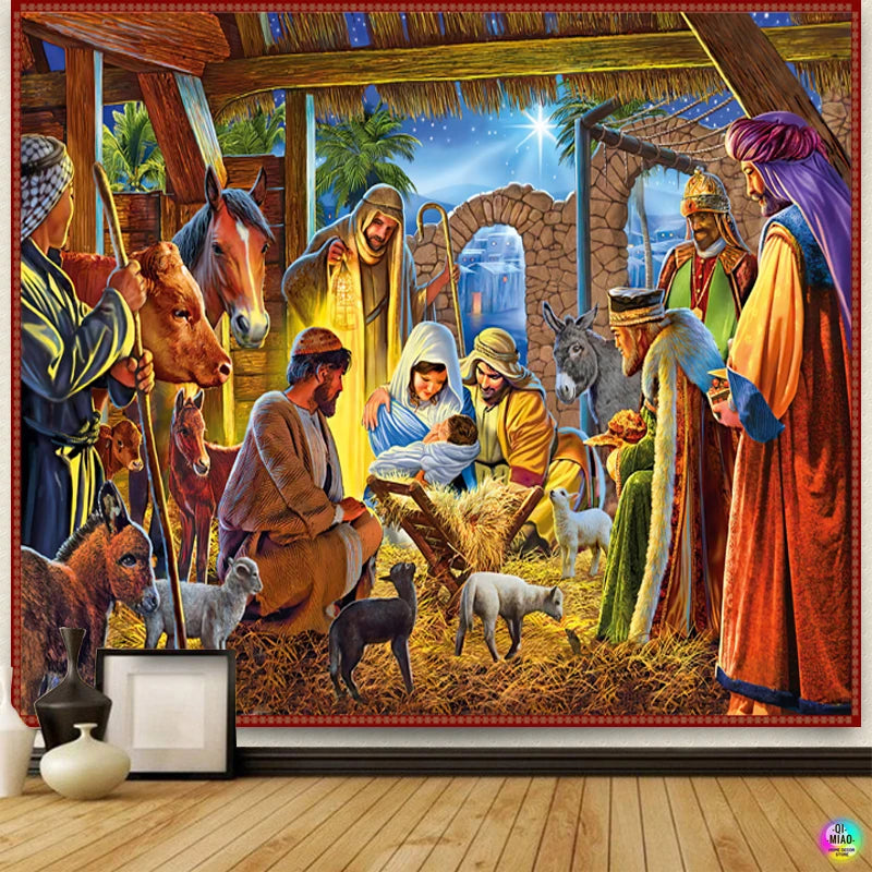 Christian  Scene Tapestry Jesus Birth Manger Barn Wall Hanging Angel Easter Christmas Wall Decor Christ Tapestries Room Decoration