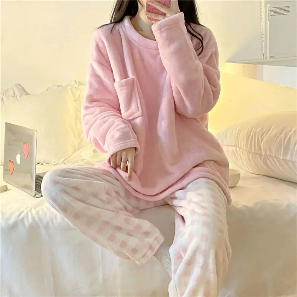 Fleece Thick Warm Women's Pajamas Set Winter Sleepwear