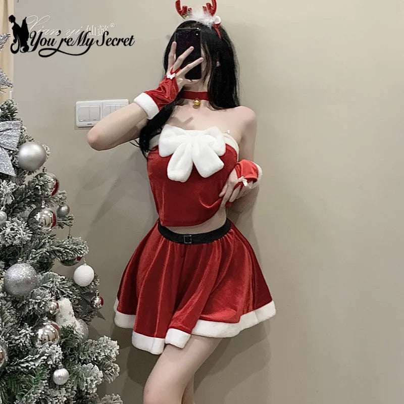 [You're My Secret] Christmas Skirt Suit for Women - Xmas Party Dress-Up, Sexy Carnival Ensemble, Red Santa Claus Cosplay Costume for Adults