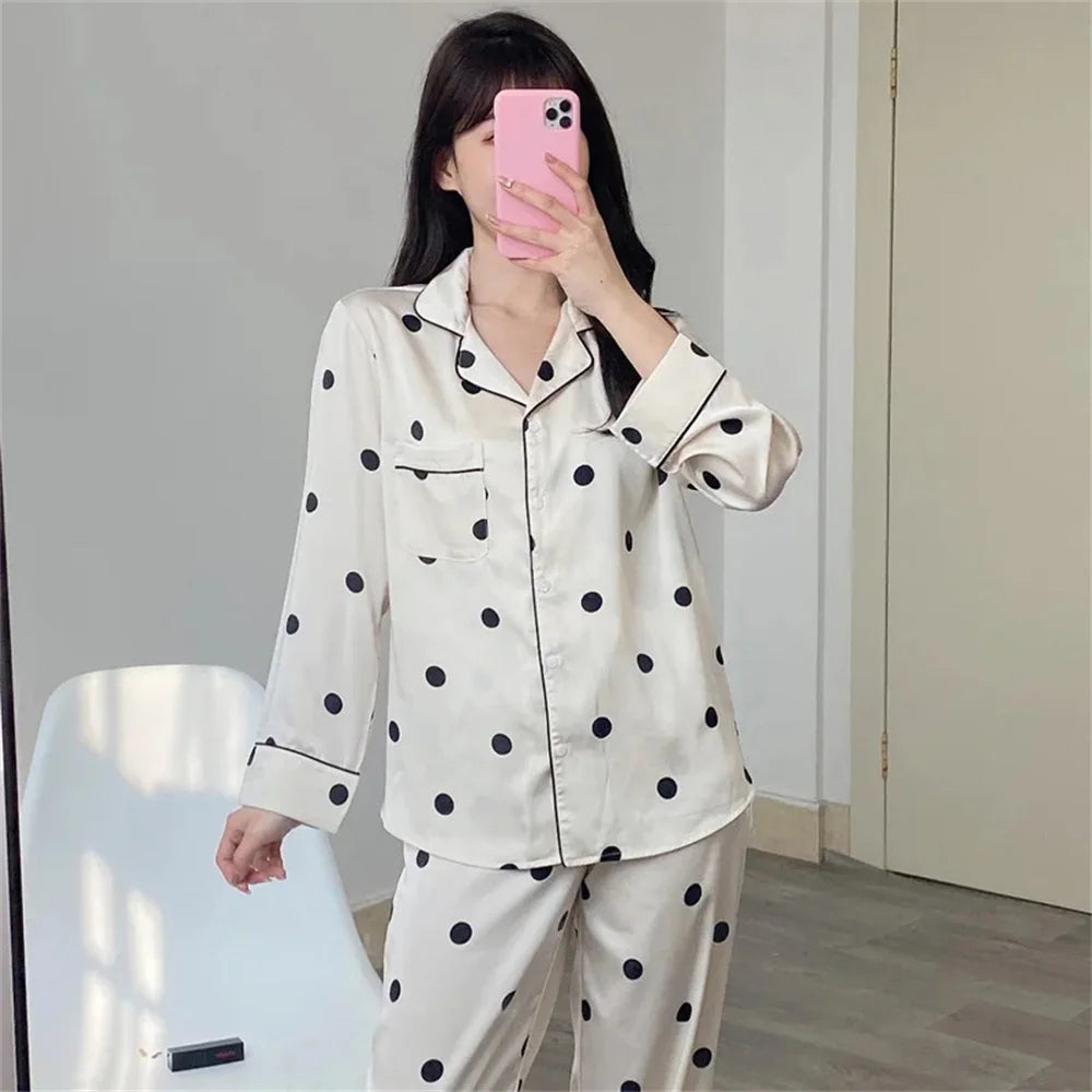 Women's Long-Sleeve Loose-Fitting Pajamas with Ice Silk Home Wear Pants