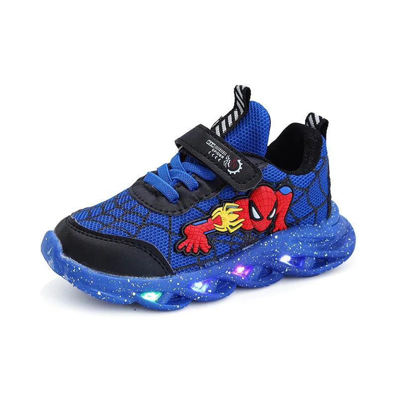 Disney LED Casual Sneakers in Red and Black, perfect for spring. Boys' mesh outdoor shoes with lighting and non-slip design, available in sizes 21-30.