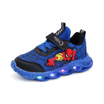 Disney LED Casual Sneakers in Red and Black, perfect for spring. Boys' mesh outdoor shoes with lighting and non-slip design, available in sizes 21-30.