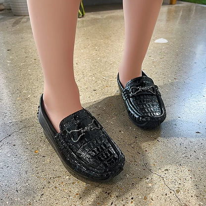 Boys Leather Shoes Round-toe Flat Soft Kids Fashion Casual Loafers Glossy Metal Buckle Children