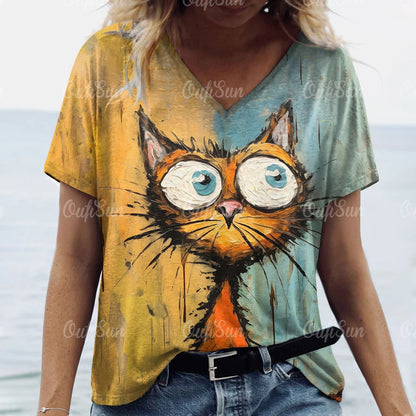 teen and young mom lovely cat T. shirt Cat Print Casual Short Sleeve Crew Neck  Female Oversized Clothing