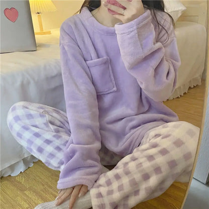 Fleece Thick Warm Women's Pajamas Set Winter Sleepwear