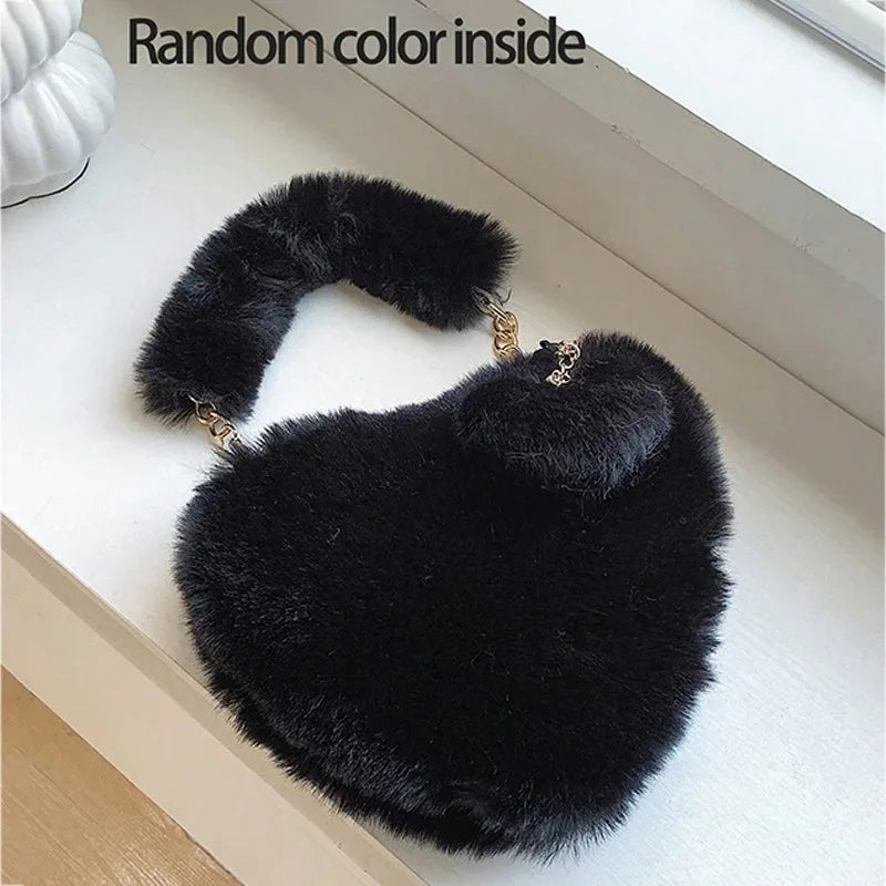 Faux Fur Heart-shaped Women Small Handbags Fluffy Plush Ladies Chain