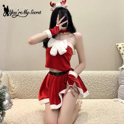 [You're My Secret] Christmas Skirt Suit for Women - Xmas Party Dress-Up, Sexy Carnival Ensemble, Red Santa Claus Cosplay Costume for Adults