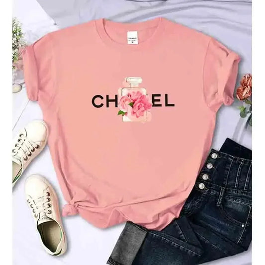 Women's Summer Cotton T-Shirt Alphabet Flower Perfume Shirt Fashion Printed Pattern T-Shirt Brand High Quality Short Sleeve Top