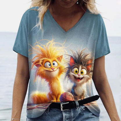 teen and young mom lovely cat T. shirt Cat Print Casual Short Sleeve Crew Neck  Female Oversized Clothing