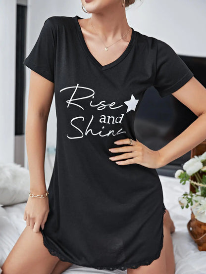 Women's Summer Sleepwear: A V-neck nightdress featuring a lace hem and short sleeves.