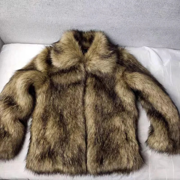 Men's Winter Short, Thick, Warm, Hairy, Shaggy Faux Raccoon Fur Coat with Long Sleeves - High-Quality Luxury Fluffy Jacket 2025