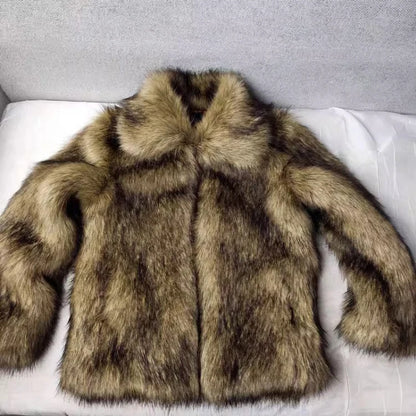 Men's Winter Short, Thick, Warm, Hairy, Shaggy Faux Raccoon Fur Coat with Long Sleeves - High-Quality Luxury Fluffy Jacket 2025