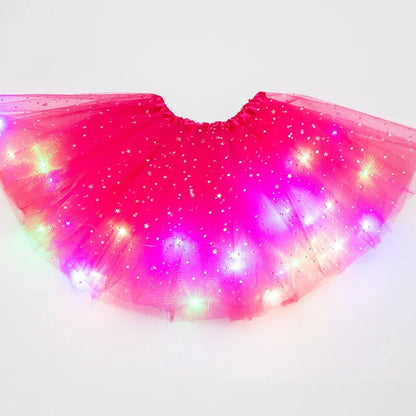 LED Glowing Light Girls Tulle Star Short Tutu Skirt Children Fancy Ballet Dancewear Party Costume Ball Gown Mini Skirt