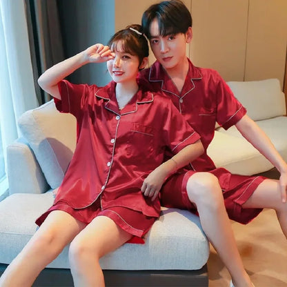 Men & Women Solid Color Sleepwear Silk Satin Pajamas Couple Set Short-sleeved Pyjamas