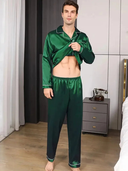 Men Fashion Pajamas Set Silk Satin Nightwear Big Size Spring Sleepwear .