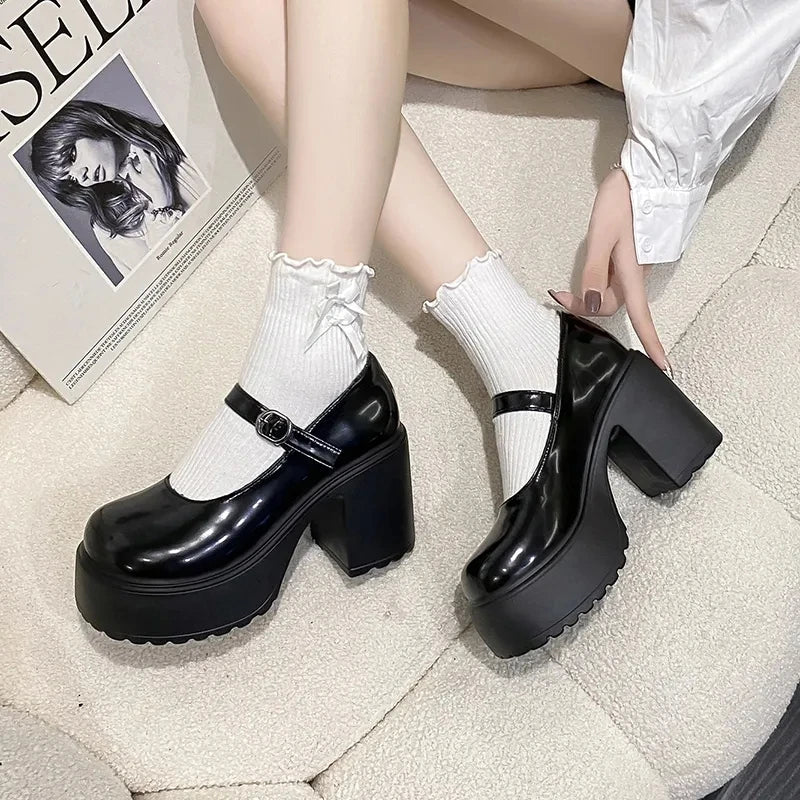 Black Super High Heels Mary Jane Shoes Women 2025 G Plus Size Ankle Buckle Party Lolita Shoes 35- 42