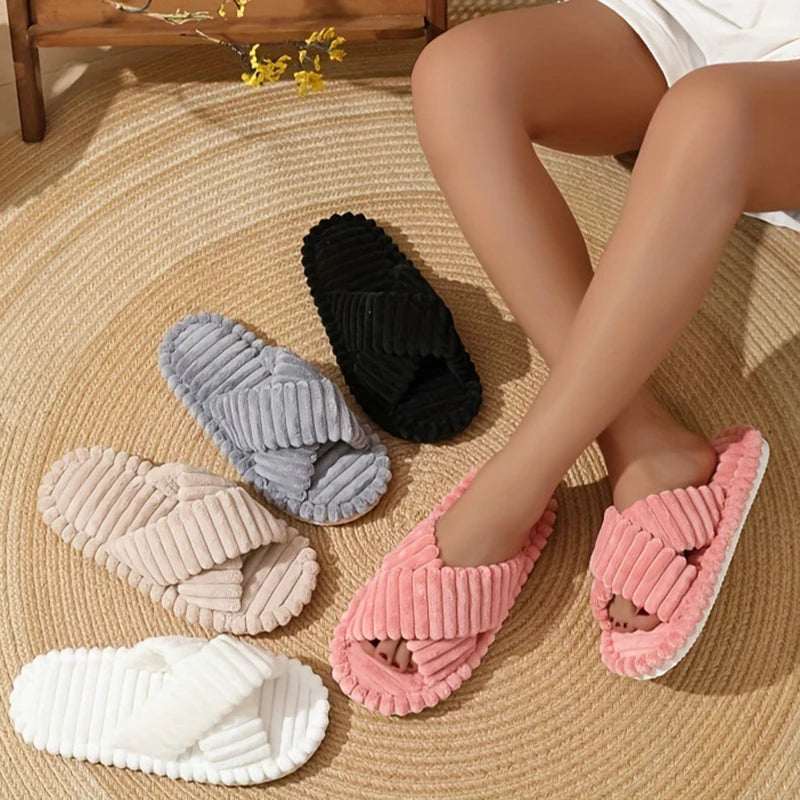 Corduroy Flat Home Slippers for Women 2024 Fashion Cross Band Warm Plush Slides Woman Indoor Lightweight Soft Sole Cotton Shoes