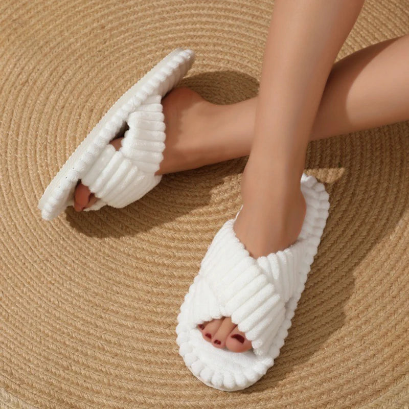 Corduroy Flat Home Slippers for Women 2024 Fashion Cross Band Warm Plush Slides Woman Indoor Lightweight Soft Sole Cotton Shoes