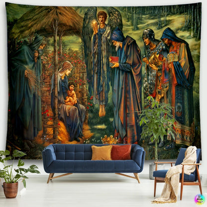 Christian  Scene Tapestry Jesus Birth Manger Barn Wall Hanging Angel Easter Christmas Wall Decor Christ Tapestries Room Decoration