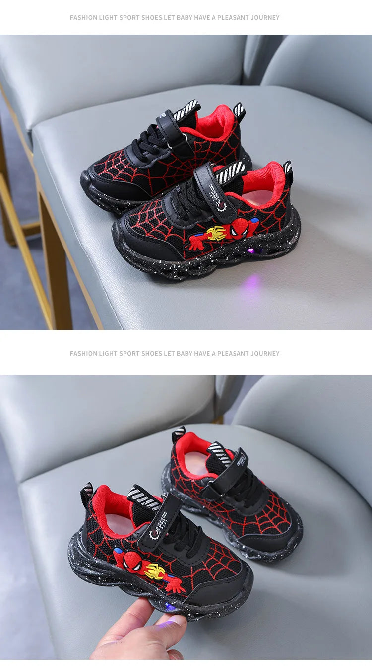 Disney LED Casual Sneakers in Red and Black, perfect for spring. Boys' mesh outdoor shoes with lighting and non-slip design, available in sizes 21-30.