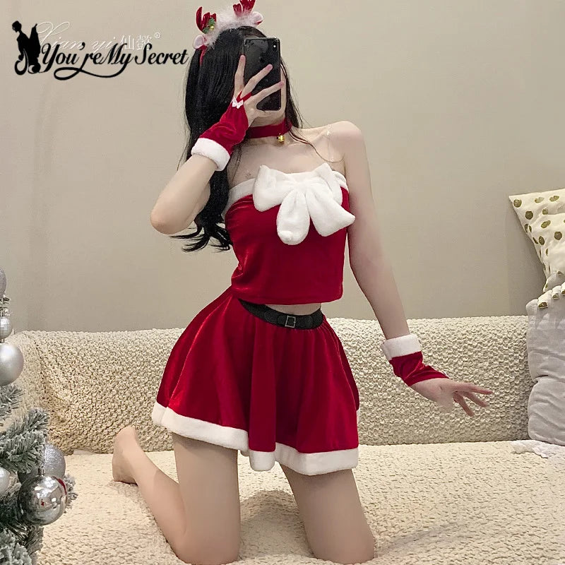 [You're My Secret] Christmas Skirt Suit for Women - Xmas Party Dress-Up, Sexy Carnival Ensemble, Red Santa Claus Cosplay Costume for Adults