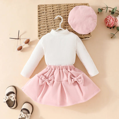 Baby Girls' New Year 2025 Clothing Set for 0-3 Years: Includes a Long-Sleeve Top with a Large Bow, an Irregular Skirt, and a Beret - 3-Piece Toddler Christmas Outfit.