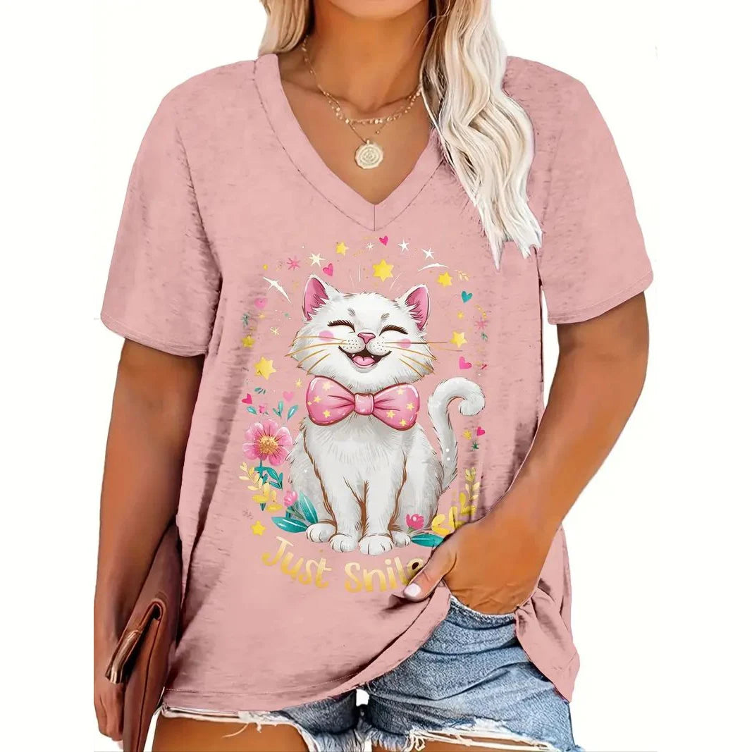 teen and young mom lovely cat T. shirt Cat Print Casual Short Sleeve Crew Neck  Female Oversized Clothing