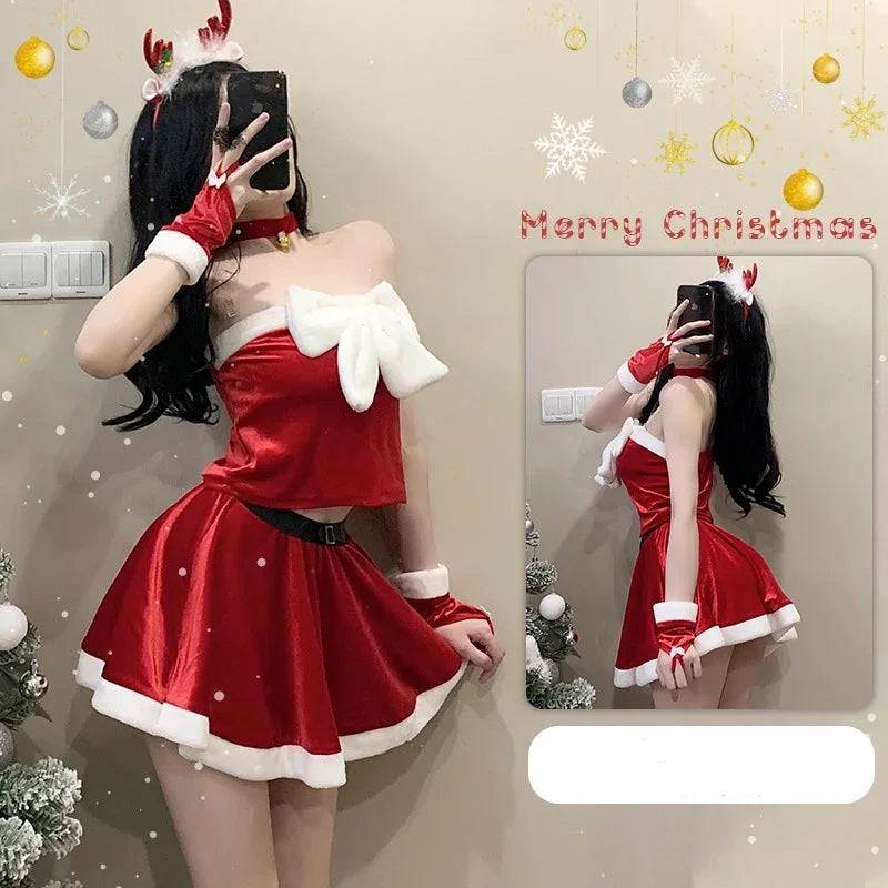 [You're My Secret] Christmas Skirt Suit for Women - Xmas Party Dress-Up, Sexy Carnival Ensemble, Red Santa Claus Cosplay Costume for Adults