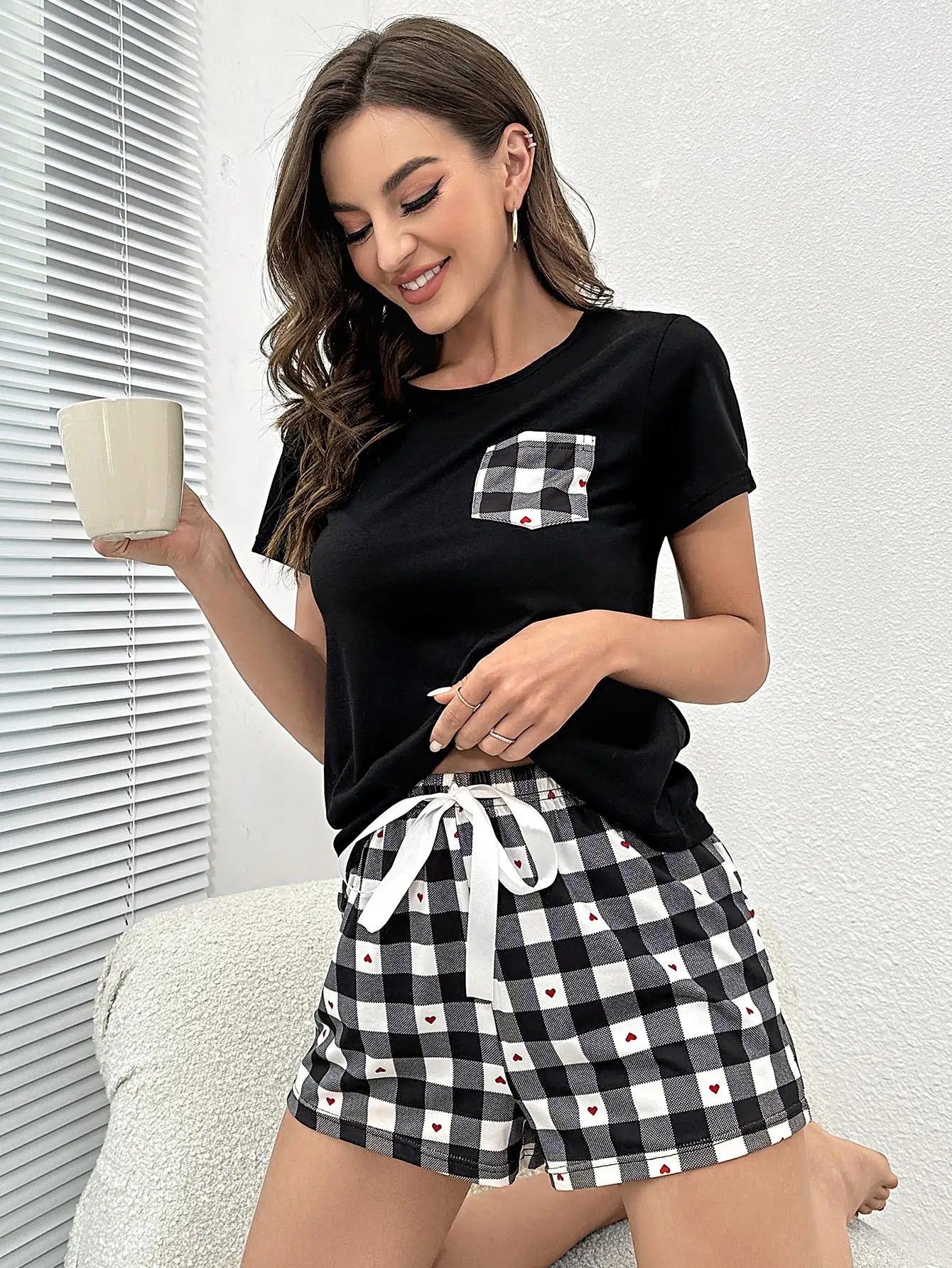 Summer Women's Pajamas Set Screw Neck Tee & Shorts Sleepwear 2 Pieces